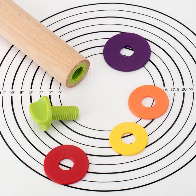 Rolling Pin with Thickness Rings and Pastry Baking Mat, 13.6" Adjustable Wooden Rolling Pin Dough Roller for Baking Cookie Pizza, Comes with Large Silicone Pastry Mat, Kitchen Baking Tools
