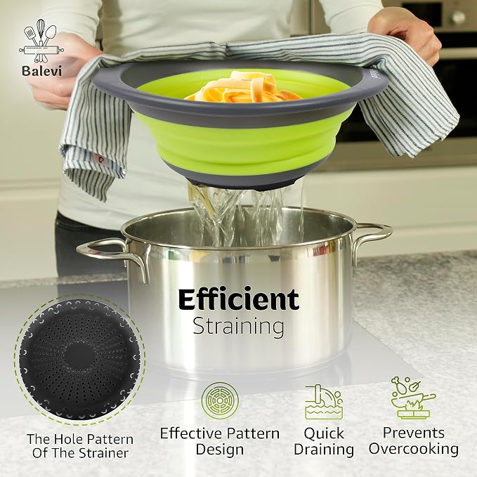Collapsible Strainers for Kitchen, Green, Set of 2 | Silicone, Collapsible Colander, Little Pegs to Keep Food Elevated
