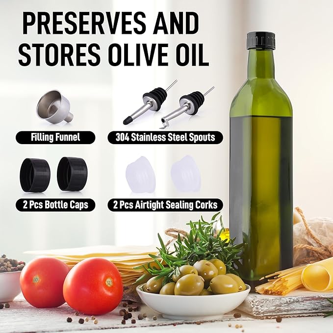 Zulay Kitchen 17oz Olive Oil Dispenser Bottle – Glass Oil Cruet with Spout, Funnel & Pourers, Easy-Pour Decanter for Kitchen Cooking and Serving (Green)