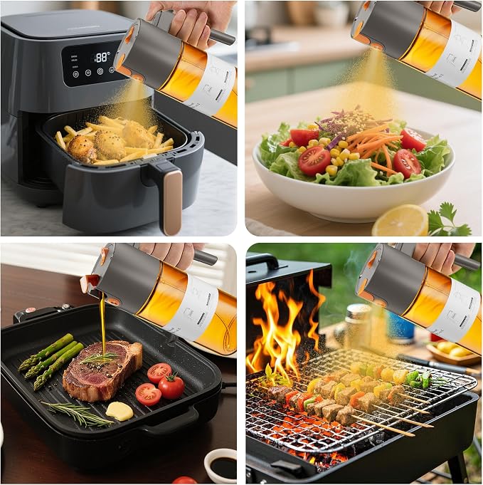 LAKUMIQI 2 in 1 Oil Sprayer for Cooking, 17oz | Light-Blocking Glass Spray Bottle with Stickers, Oil Dispenser for Salad, Air Fryer & BBQ