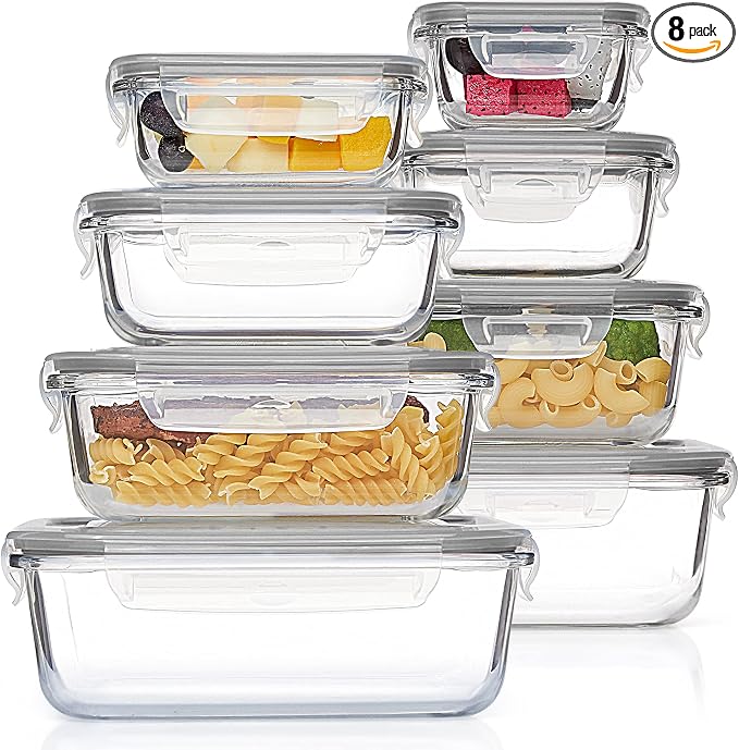 Vtopmart 8 Pack Glass Food Storage Containers with Airtight Lids | Meal Prep Lunch Containers, Leakproof, Leftover Storage, Take-out, Microwave, Oven, Freezer and Dishwasher Safe, BPA Free