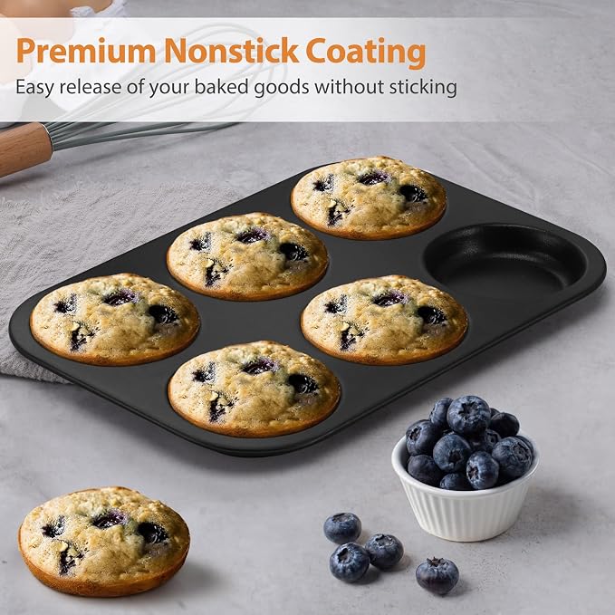 far Muffin Top Pan Set of 3, Nonstick 6-Cavity Shallow Cupcake Pan for Baking Whoopie Pie, Yorkshire Pudding, Eggs, Cornbread, Drop Cookies, Easy Release & Clean, 3-Inch Standard Size