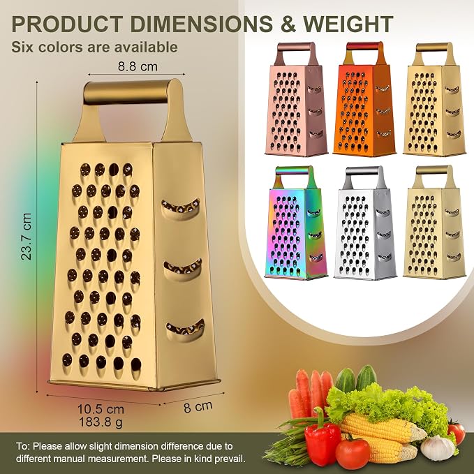 Handheld Cheese Grater Box for Kitchen, Stainless Steel 4 Sided Cheese Grater with Handle for Grinding Shredding & Slicing, Dishwasher Safe (Gold)