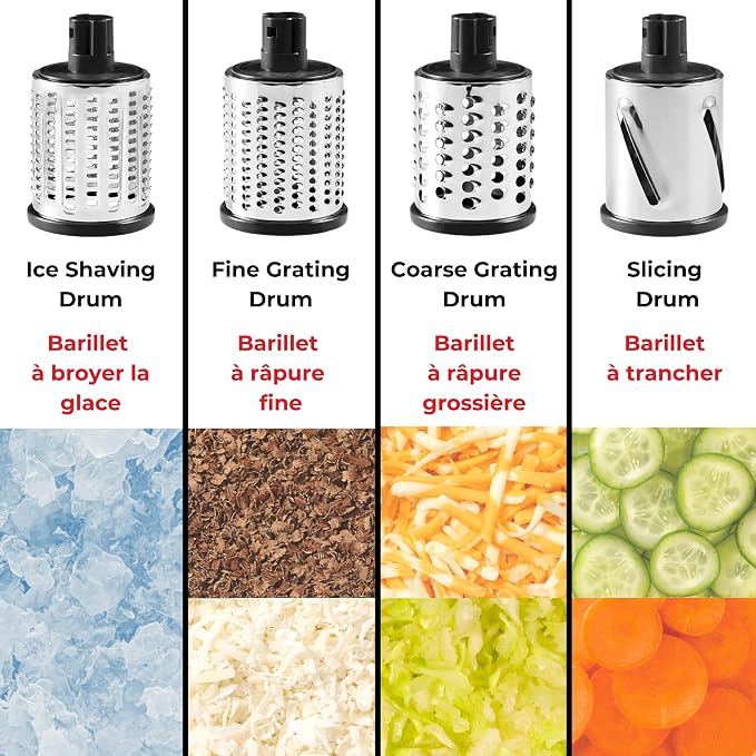 Starfrit Rotary Drum Grater, 4 Stainless Steel Drums, Slicer & Grater | 4 stainless steel drums. Slice, grate and shave ice. Easy hand crank. Strong suction base. Easy to clean.