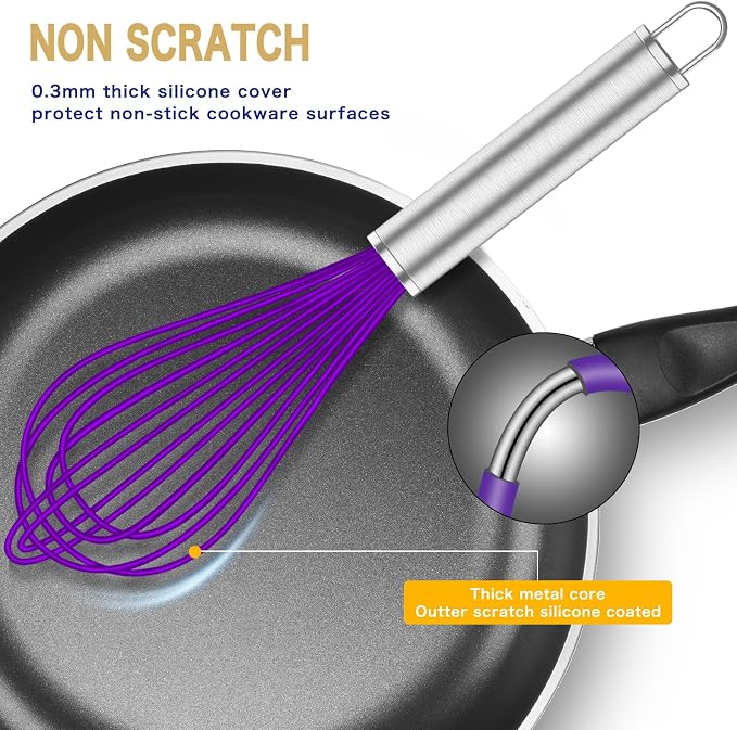 OYV Purple Silicone Whisk, Professional Whisks For Cooking Non-Scratch, Stainless Steel & Silicone Wisk, Plastic Rubber Whisk Tool For Nonstick Cookware Pans, BPA free, Silicon Wisks Set of 3
