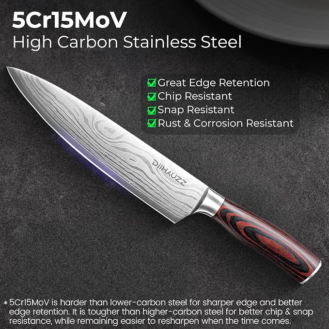 DiiHAUZZ 8 Inch Chef Knife, High Carbon Stainless Steel - Ultra Sharp Kitchen Gyutou Knife for Slicing Meat, Dicing Vegetables and Daily Meal Prep, Ergonomic Handle with Sheath, Gift Box