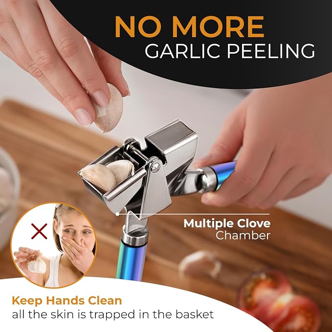 ORBLUE Garlic Press and Peeler Set, Stainless Steel - Professional Grade Mincer, Crusher - Dishwasher Safe & Rust-proof, Multi-colored