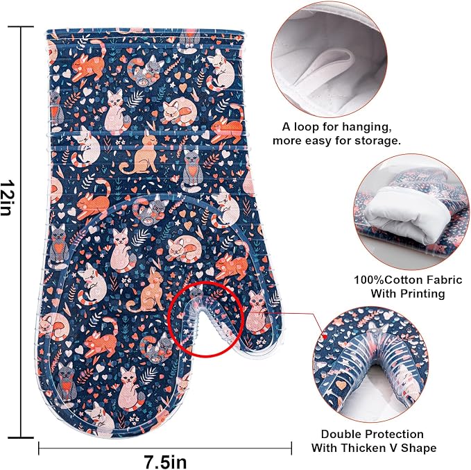 Oven Mitts Set of 2 with Transparent Clear Silicone Shell and Nice cat Printing Cotton Lining, Heat Resistant to 500 F Kitchen Oven Gloves Pot Holder for Cooking (Navy, Cat, Oven Mitts)