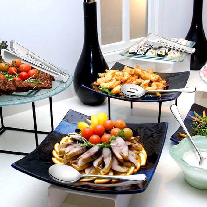 LIANYU 9-Piece Large Serving Utensils Set, 9.8 Inch Stainless Steel Buffet Banquet Catering Serving Spoons Forks and Tongs Set, Dishwasher Safe