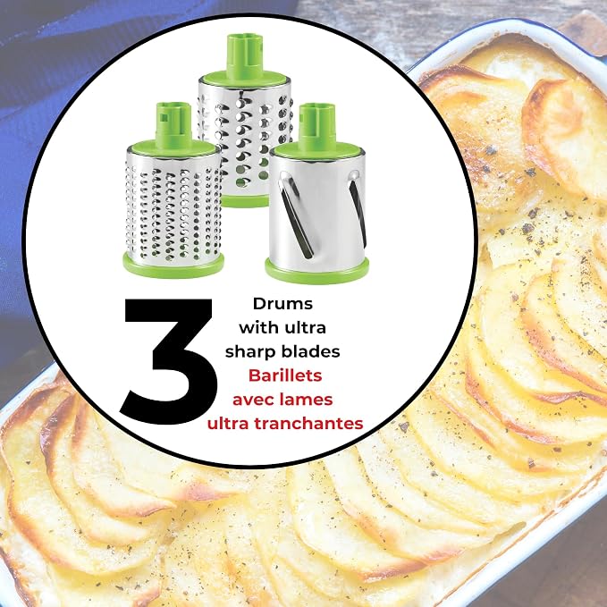 Starfrit Drum Grater - 3 Interchangeable Stainless Steel Barrels - Slice, Coarse and Fine Grating - Vegetable, Cheese, Nuts, Chocolate