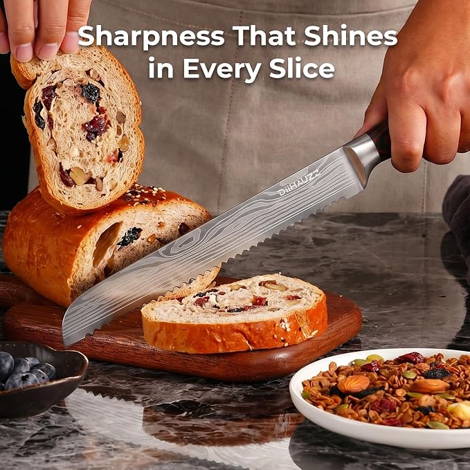 DiiHAUZZ 10 Inch Bread Knife, Serrated Knife for Homemade Bread, Razor Sharp High Carbon Stainless Steel Sourdough Cutter, Professional Bakery Kitchen Knives with Ergonomic Handle for Bagel, Cake