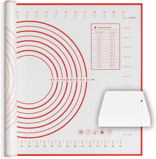 Silicone Baking Mat Non Slip Pastry Mat with Measurement Non Stick BPA Free Baking Mat Sheet for Rolling Dough Counter Cookies Pie, 24 x 16 Inches Red (with 1 Dough Scraper)