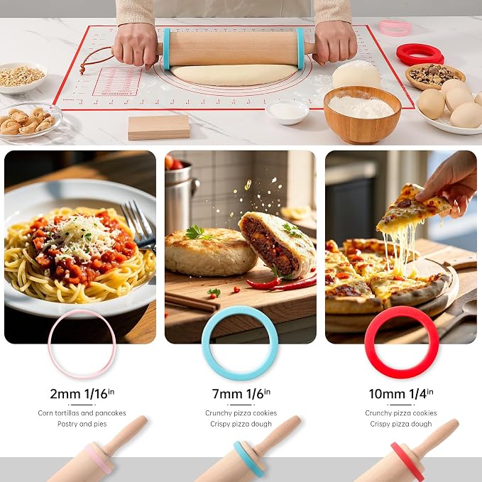 WitHlper Beechwood Rolling Pin Set with 6 Thickness Rings, Non-Slip Silicone Mat,Wood Stand – 17" Dough Roller for Baking, Pizza, Tortilla, Pastry – Wooden Rolling Pin Kit for Even Thickness