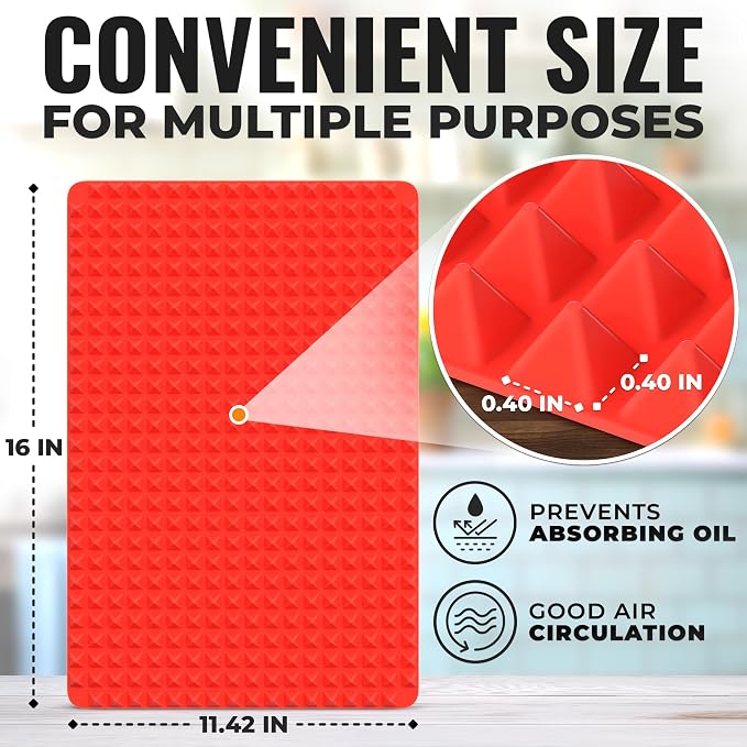Silicone Pyramid Baking Mat, 16 x 11.42 in, Heat-Resistant (Red) | Pyramid Pan Silicone Baking Mat; Air Circulation Design; Flexible; Non-Slip; Dishwasher Safe; for Cooking, Roasting, and BBQ