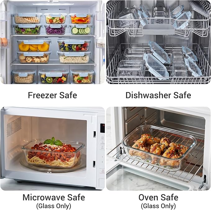 Dealusy 10 Sets 36 oz & 12 oz Glass Food Storage Containers with lids, Blue | 20-Piece Airtight Leak-proof Glass Meal Prep Containers with Lids, Microwave Oven Freezer Dishwasher Safe