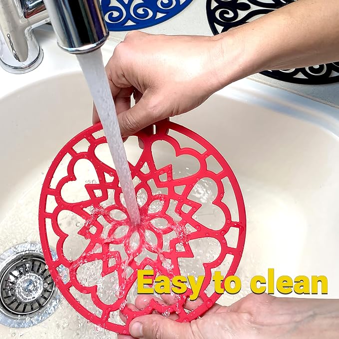 3 Set Silicone Trivet Mats with 1 Extra Large Included | Intricately Carved Insulated Flexible Durable Non Slip Thick Round Premium Trivets for Hot pots and Pans | Light Blue