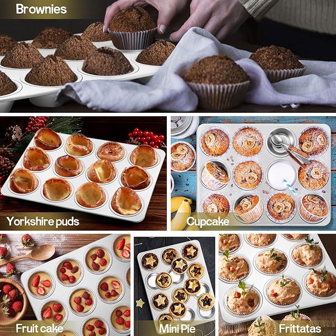 TeamFar 12-Cup Muffin Pan, Stainless Steel Muffin Tin | Metal Cupcake Baking Pan for Oven, Regular Size & Non Toxic, Easy Clean & Dishwasher Safe