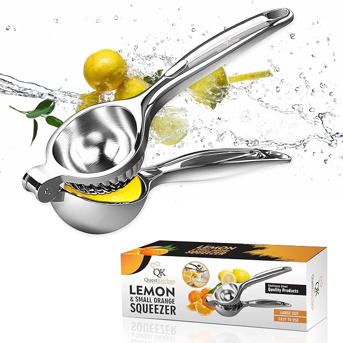 Lemon Squeezer Stainless Steel Quest Kitchen - Manual Juicer Press - for Limes - Lemons - and Small Oranges - Pure and Organic Juicer Extractor - Easy to Clean and Use - Commercial grade quality
