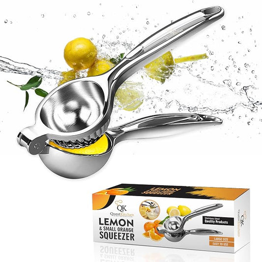 Lemon Squeezer Stainless Steel Quest Kitchen - Manual Juicer Press - for Limes - Lemons - and Small Oranges - Pure and Organic Juicer Extractor - Easy to Clean and Use - Commercial grade quality
