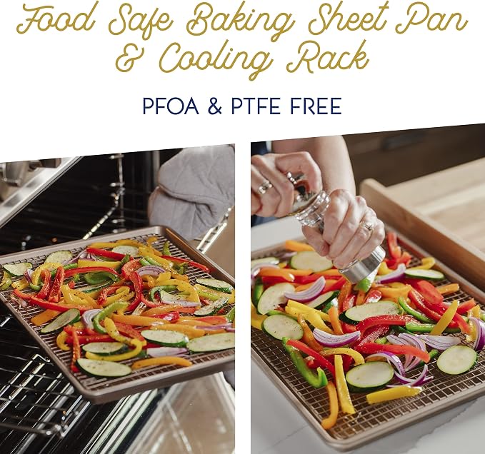 Wire Rack Baking Sheet Pan Set - Half Sheet Pan - Champagne | 100% Stainless Steel, Dishwasher Safe, Steel Reinforced Rim, Food Safe, Oven Safe, Non Stick, PFOA-Free, PTFE-Free