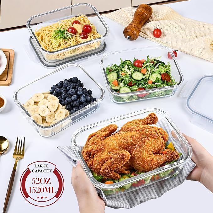 GEHE 4 Pack 52oz Glass Food Storage Containers with Lids, Large Glass Storage Containers with Airtight Lids, Meal Prep Container for Storing & Serving, Leak Proof, BPA Free, Microwave/Oven Safe