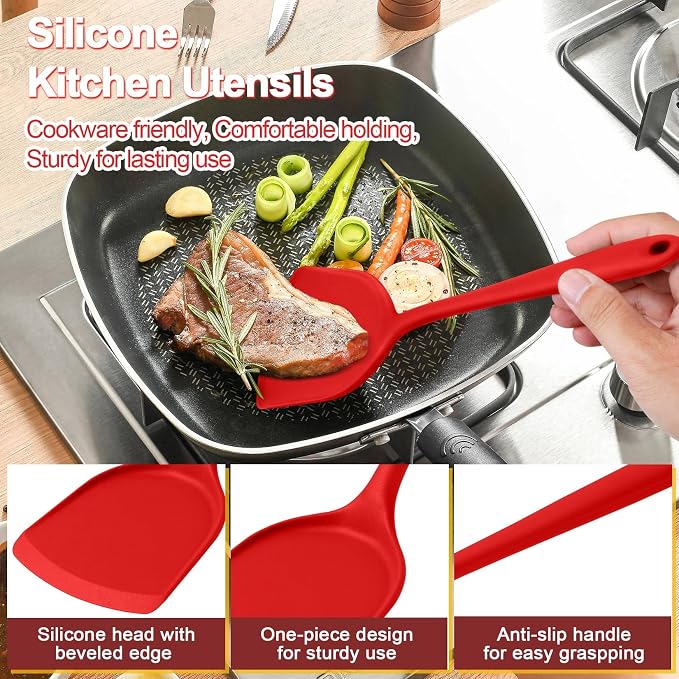 P&P CHEF Kitchen Utensil Set, 4 Pieces Non-stick Silicone Cooking Utensils, Heat-resistant Slotted Solid Spoon Turner for Frying, Mixing, Serving, Non-toxic & Easy to Clean, Red