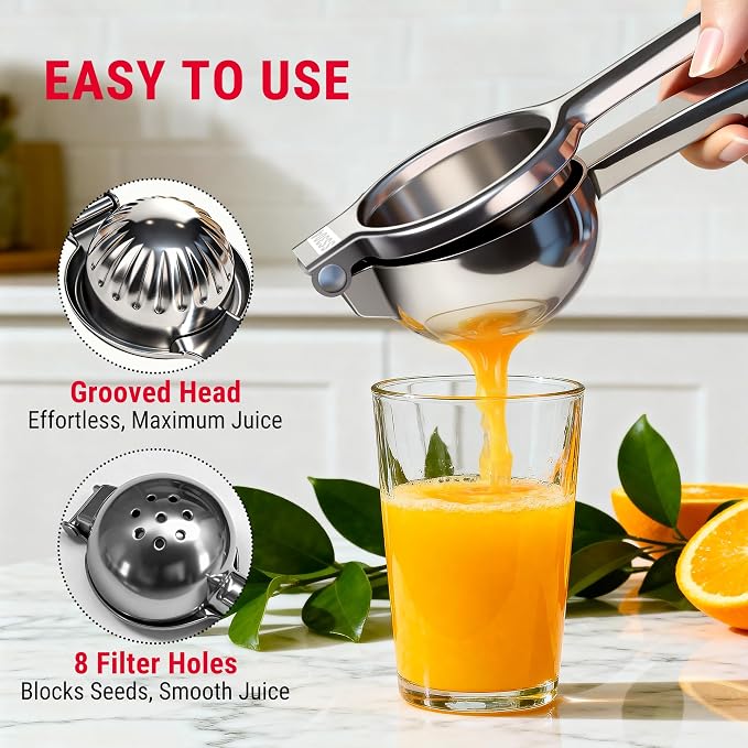 TempPro Lemon Lime Squeezer, 304 Stainless Steel Hand Press Citrus Juicer with Grooved Bowl, Heavy-Duty Hinged Handle, High Juice Yield, Easy to Use & Dishwasher Safe (Previously ThermoPro)
