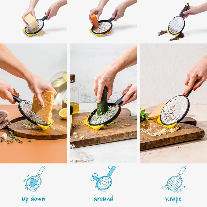 Dreamfarm Ograte Double Sided Cheese Grater - 3mm Medium Grating, Yellow | Multi-directional handheld food and vegetable shredder with bowl hook and non-slip foot, flat for space-saving storage