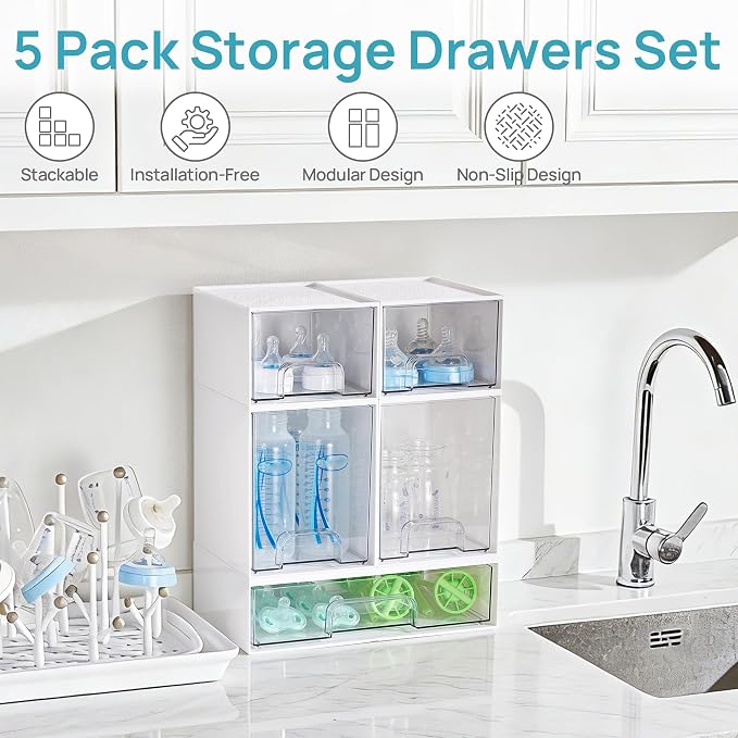 Vtopmart Stackable Storage Drawers Set of 5, Baby Bottle Organizer, White | Multi-purpose Boxes for Bathroom, Beauty Supplies,Ideal for Kichen Countertop, Vanity, Pantry Organization