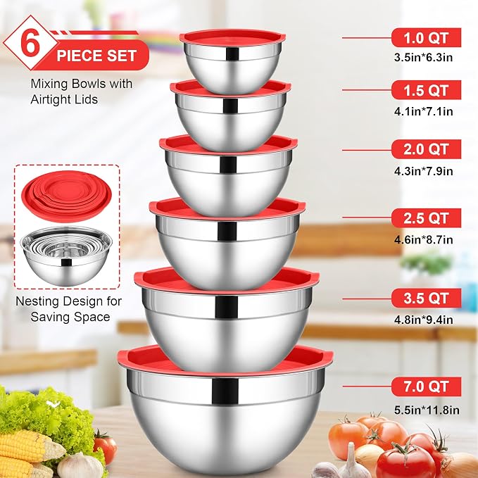 LIANYU Mixing Bowls with Lids Sets of 6, Large 7, 3.5, 2.5, 2, 1.5, 1QT | Stainless Steel Metal Nesting Salad Bowl, Ideal for Kitchen Prepping, Cooking, Freezer Storage, Dishwasher Safe, Red
