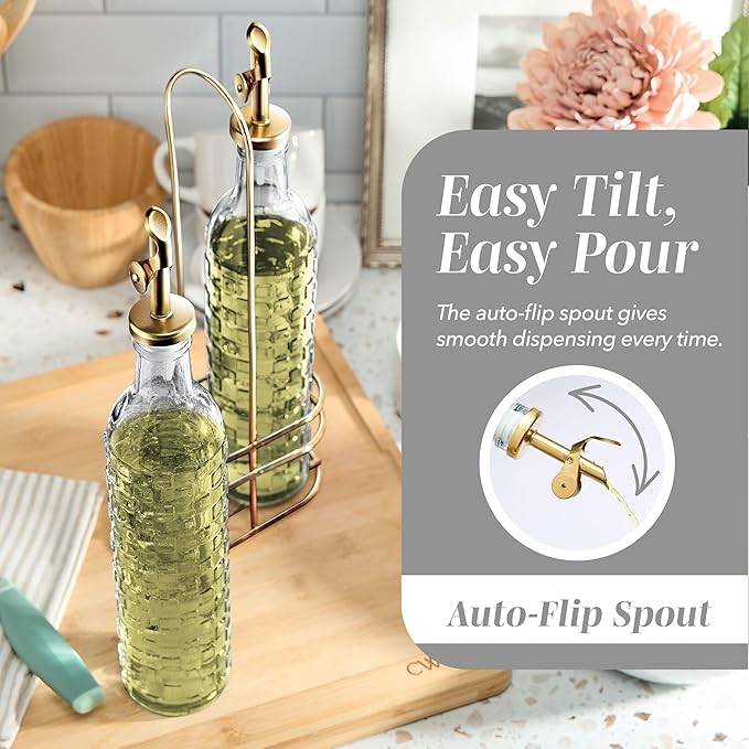 COOK WITH COLOR Glass Olive Oil Bottle Dispenser - 2 Pack- 17oz Oil and Vinegar Cruet - Olive Oil Carafe Decanter for Kitchen, Checkered, Clear