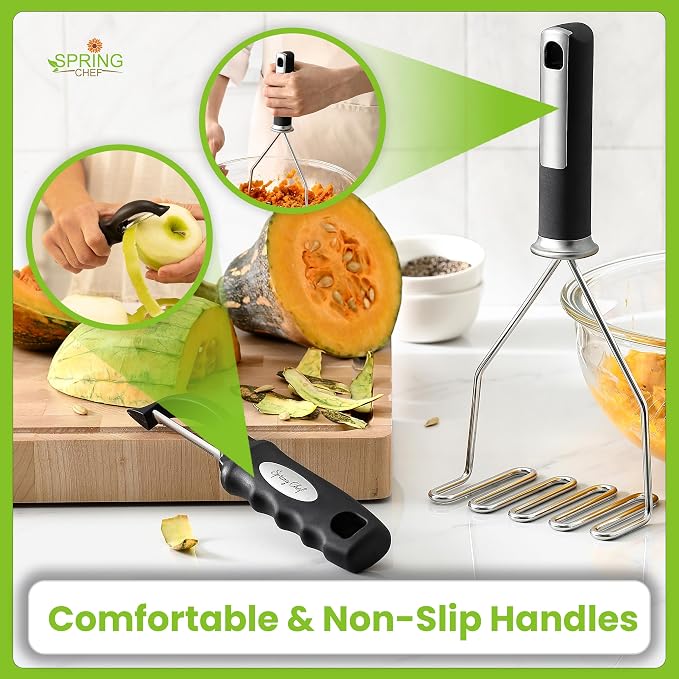 Spring Chef Stainless Steel Premium Vegetable Peeler with Potato Masher, Soft Grip Handle Metal Food Peeler and Masher for Fruit & Vegetables