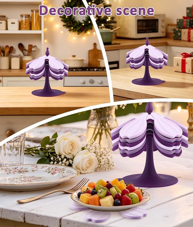 Silicone Trivet Mat - 6 Flower-Shaped Silicone mats + 1 Stand, Non-Slip & Heat Resistant Kitchen Hot Pads for Table & Countertop, Multifunctional Mats can Hold Coffee, Plates