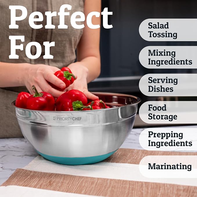 Priority Chef 6pc Stainless Steel Mixing Bowls with Lids Set, 7 Qt, Turq | 6pc Non-slip nesting bowls 1-7 qt, 3 graters & interior measurement marks; for meal prep, baking & airtight fridge storage