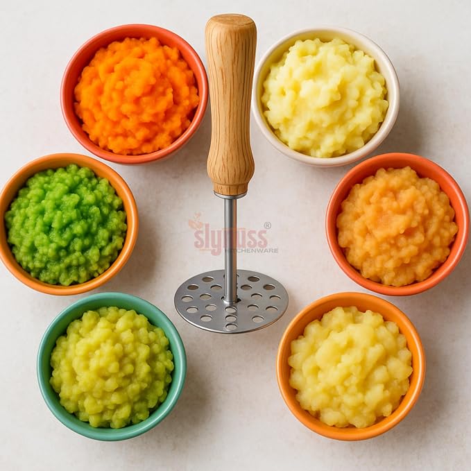 Slynuss ® | Potato Masher Stainless Steel | Pav Bhaji Smasher for Kitchen with Wooden Handle | Potato Smasher | kitchen utilities | Pack of 1| (Round-Size-3), 8.5 CM
