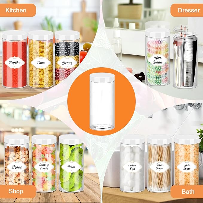 PeacePeo Plastic Jars with Lids 16 OZ, 24 Pack Clear Empty Jars | Large Size Clear Wide Mouth Storage Containers, Leakproof White Lids, Reusable Round Jars for Household Dry Food Storage