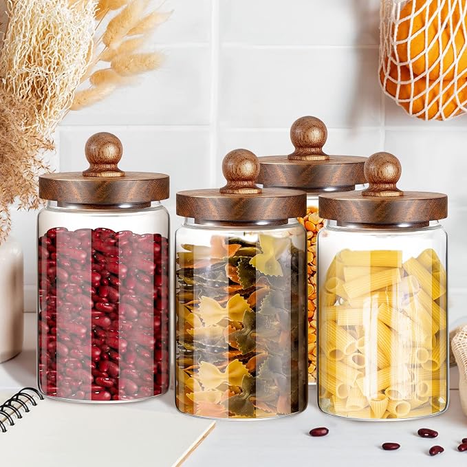 Gerrii 4 Pcs 32 oz Glass Food Storage Jar with Acacia Wood Lids Airtight Sealed Clear Glass Canisters Air Tight Glass Container Jar for Coffee Beans Nuts Loose Leaf Tea Sugar Spice Candy Rice Pasta