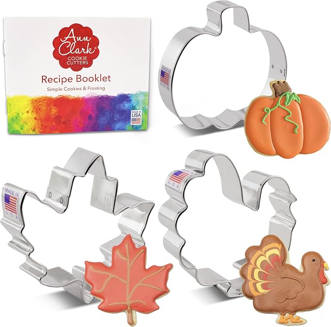 Ann Clark Thanksgiving and Fall Holiday Cookie Cutters 3-Pc. Set (Maple Leaf, Turkey, Pumpkin) Made in USA