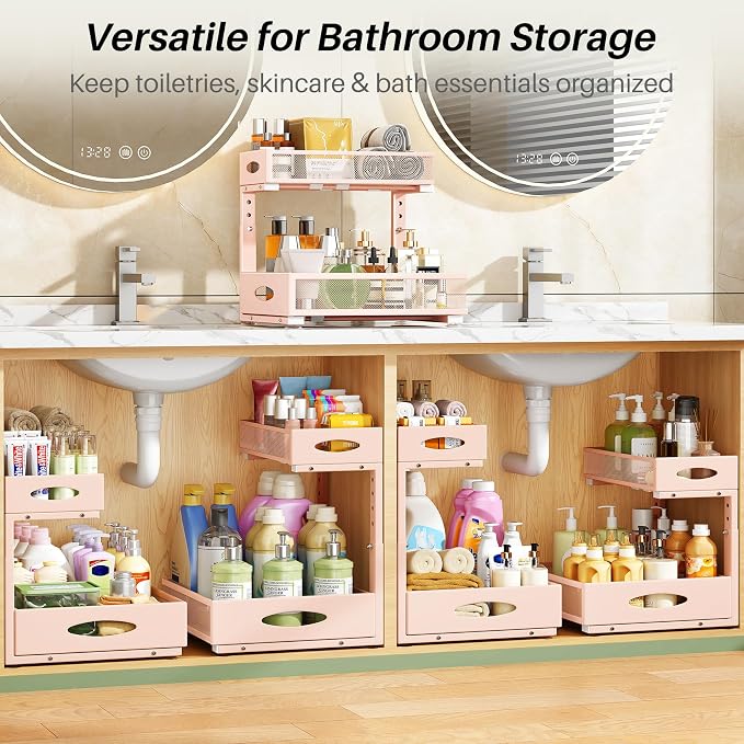 Under Sink Organizer, 2-Pack Pull Out Cabinet Organizer 2 Tier Metal Slide Out Storage Shelf Rack, L-Shaped Adjustable Height,Mesh Sliding Drawer for Kitchen, Bathroom, Laundry, Pantry, Pink, XL