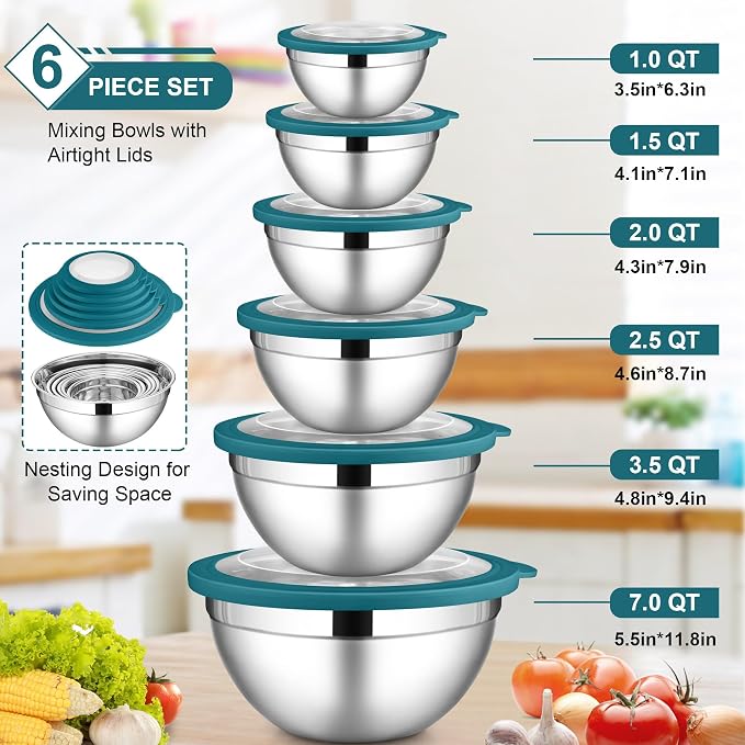 LIANYU 6 PCS Stainless Steel Mixing Bowls, Large 7, 3.5, 2.5, 2, 1.5, 1QT | Deep Metal Nesting Bowls, Kitchen Serving Bowls with Visible Lid, Ideal for Baking Cooking Prepping Food Storage, Dark Blue