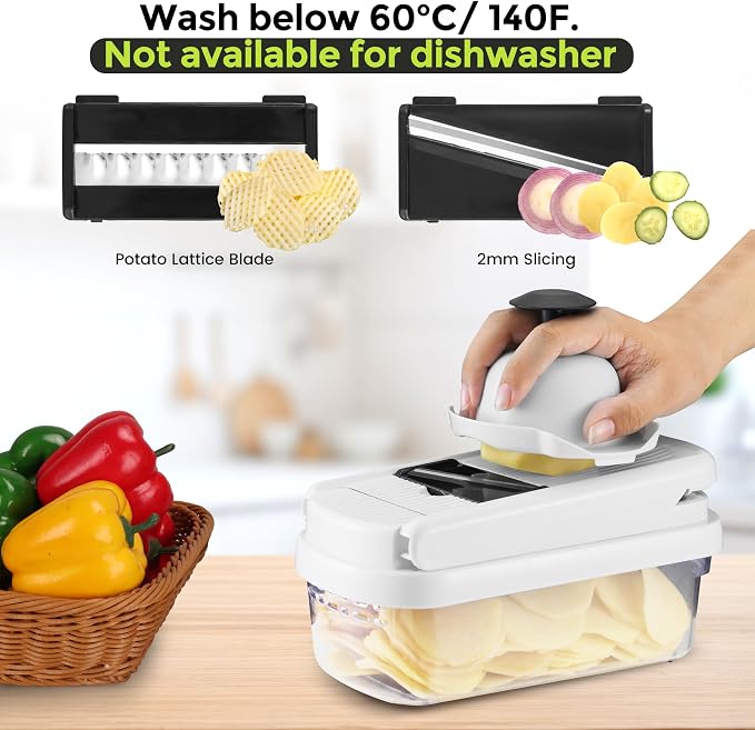 Vegetable Chopper,12-in-1 Multifunctional Food Chopper,Professional Onion Chopper with 7 Blades,Vegetable Cutter with Container for Salad,Potato,Carrot,and Garlic; Essential Kitchen Tool (White)