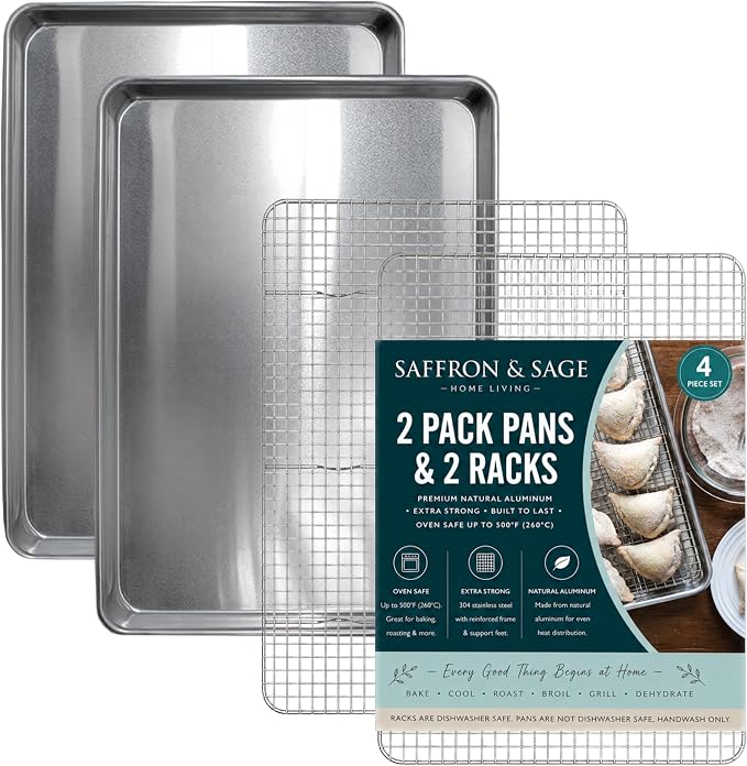 Commercial Quality 2 Pack Cookie Sheet and 2 Pack Rack - Aluminum Half Sheet Baking Pan and Stainless Steel Cooling Rack Set 13x18 Rust & Warp Resistant, Heavy Duty