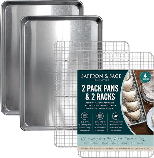 Commercial Quality 2 Pack Cookie Sheet and 2 Pack Rack - Aluminum Half Sheet Baking Pan and Stainless Steel Cooling Rack Set 13x18 Rust & Warp Resistant, Heavy Duty