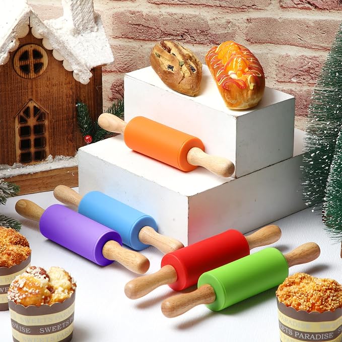 Thenshop 10 Pcs 9 Inch Mini Rolling Pins Kids with Wooden Handle, 5 Colors Silicone Non-stick Small Dough Roller for Kids, Home Kitchen Baking Supplies for Dough Clay Cookie Pastry Cake