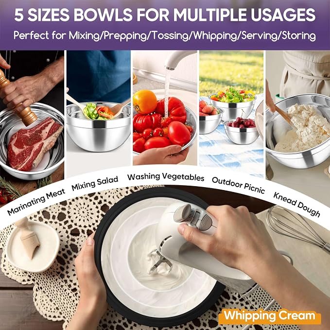 Herogo 5-Piece Mixing Bowls with Visible Lids, 3 Grater Attachments, Stainless Steel Salad Serving Bowls for Kitchen, 4.6/3.5/2.5/2/1.5 QT Ideal for Prepping & Cooking, Black