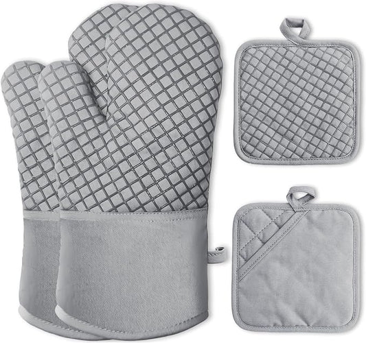 Pynqdfu 4 Pcs Oven Mitts and Pot Holders,High Heat Resistant 500 Degree Glove with Silicone Non-Slip Surface,Extra Thicken Long Kitchen Cotton Oven Glove for Baking,Cooking,Grilling(Light Gray)