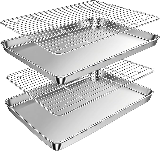 Baking Sheet with Rack Set (2 Pans + 2 Racks), 16 x 12 x 1 Inch Stainless Steel Cookie Sheet Baking Pan Tray with Cooling Rack, Jelly Roll Pan with Wire Rack, Warp Resistant & Heavy Duty & Rust Proof