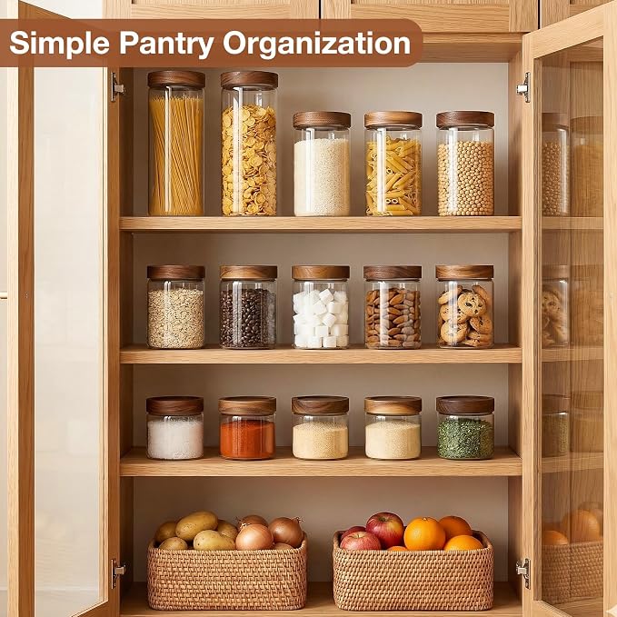CONNOO 40oz Airtight Glass Storage Containers with Wood Lids (3-Pack) | Airtight Pantry Containers, Keep Pasta, Cereal & Dry Foods Fresh, Includes 120 Labels for Easy Kitchen Organization