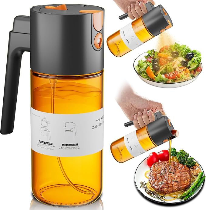 LAKUMIQI 2 in 1 Oil Sprayer for Cooking, 17oz | Light-Blocking Glass Spray Bottle with Stickers, Oil Dispenser for Salad, Air Fryer & BBQ