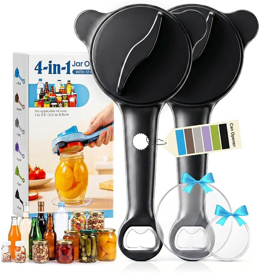 2026 Upgraded 4-in-1 Jar Opener - Adjustable Stainless Steel Lid Remover for Seniors & Arthritis Sufferers, Fits Kitchen Jars, Bottles & Cans Black(2Pcs)